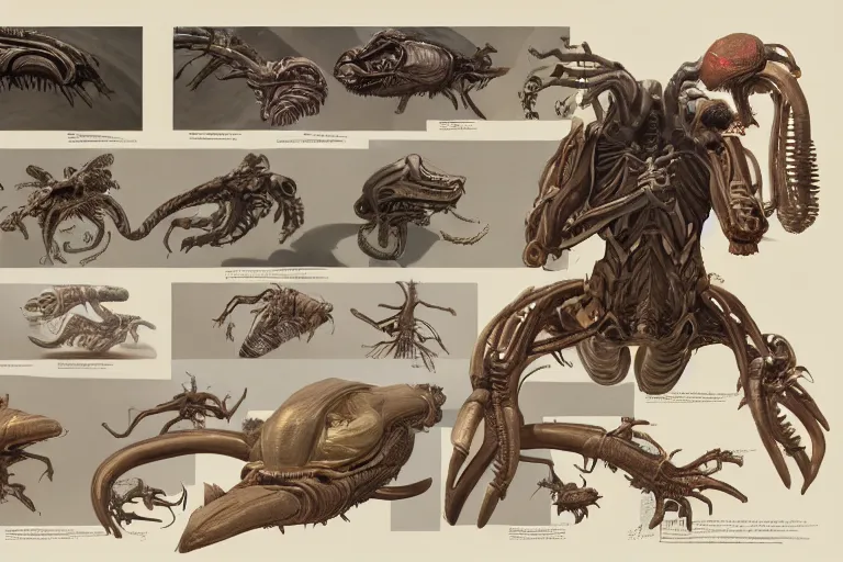 Image similar to schematic diagram of alien boss, biology, book, page, detailed, cross section, trending on artstation, cgsociety, Ralph McQuarrie and Greg Rutkowski