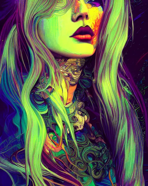 Prompt: glitch art close up portrait vampire, flowing hair, glitches, vaporwave, highly detailed, very intricate, graphical errors, art deco, neon glitch, chromatic aberration, harsh lighting, award - winning, unreal engine 5, illustration by mandy jurgens and alphonse mucha and alena aenami, glitch color palette, featured on artstation