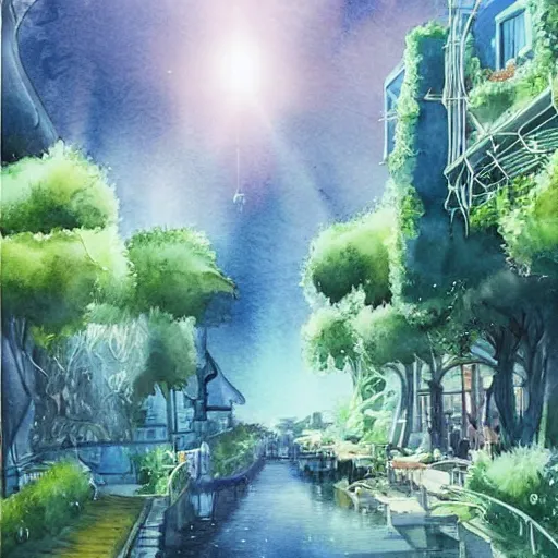 Image similar to Beautiful happy picturesque charming sci-fi town in harmony with nature. Beautiful light. Water and plants. Nice colour scheme, soft warm colour. Beautiful detailed artistic watercolor by Lurid. (2022)