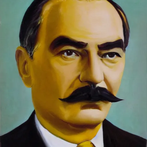 Prompt: a man looking like mustafa kemal ataturk, with yellow short haired and yellow moustache, black suit, white shirt, oil painting on canvas