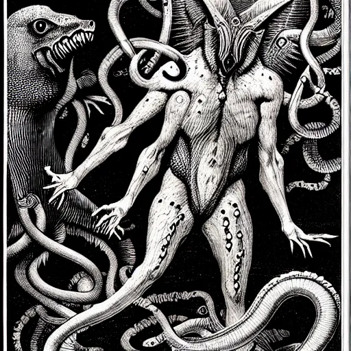 Image similar to bestiary of creatures from the depths of the unconscious psyche