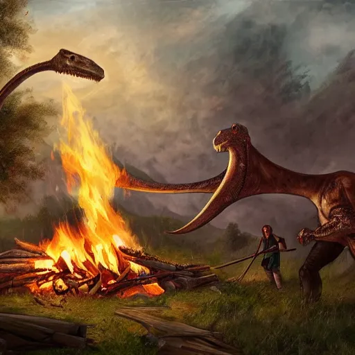 Prompt: a adventurer roasting brachiosaurus bone meat over a bonfire, fantasy art, highly detailed, fantasy, artstation