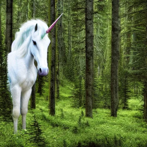 Image similar to a depressed unicorn standing next to a spruce forest, high resolution photograph