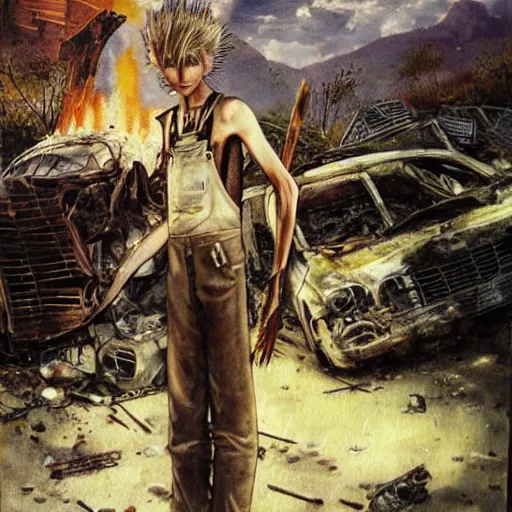 Image similar to a skinny elf with spiky blonde hair wearing dark brown overalls and holding dynamite standing next to a destroyed car, painting by Yoshitaka Amano