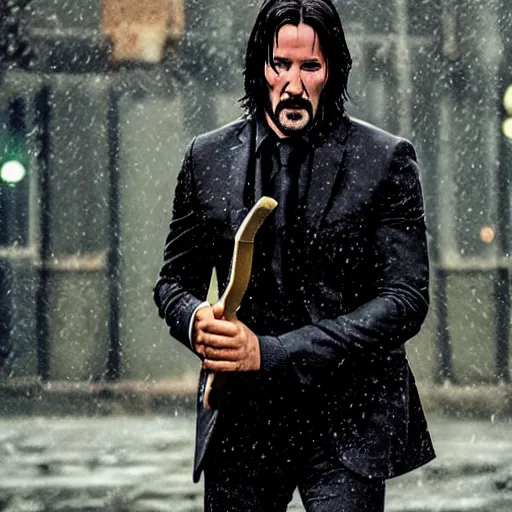 Image similar to john wick playing a guitar in the rain, photorealistic, realistic, dramatic, cinematic, photography