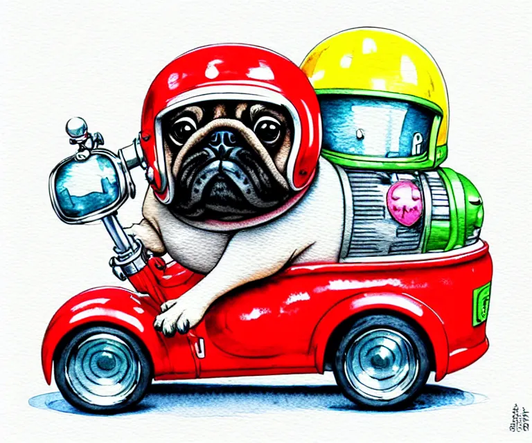 Image similar to cute and funny, pug wearing a helmet riding in a tiny hot rod with oversized engine, ratfink style by ed roth, centered award winning watercolor pen illustration, isometric illustration by chihiro iwasaki, edited by range murata, tiny details by artgerm and watercolor girl, symmetrically isometrically centered