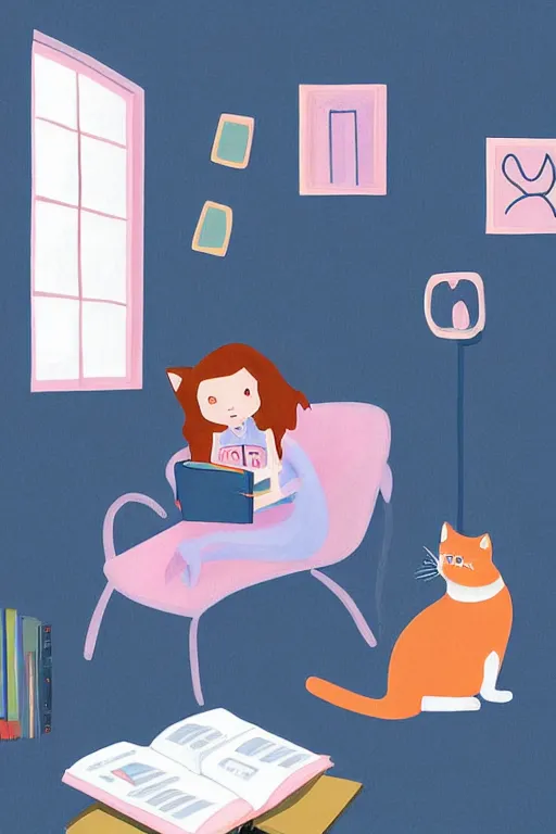 Image similar to a digital painting of a girl reading a book with a cat in A comfortable study room at night,JK uniform ,Hairdryer,blue theme,S line, by anmi and reoenl and krenz