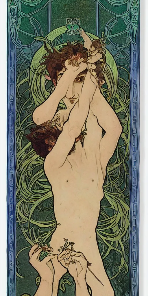Prompt: A Pans Labyrinth Style Tarot Card of a narcissus by Alphonse Mucha and Martin Scorsese, Demonic, Diorama, CGSociety