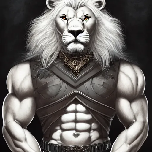 Image similar to aesthetic portrait commission of a albino muscular and attractive anthro lion as a character wearing freemason outfit, hyperdetailed. Character design by charlie bowater, ross tran, artgerm, and makoto shinkai, detailed, inked, western comic book movie poster concept art, award winning painting
