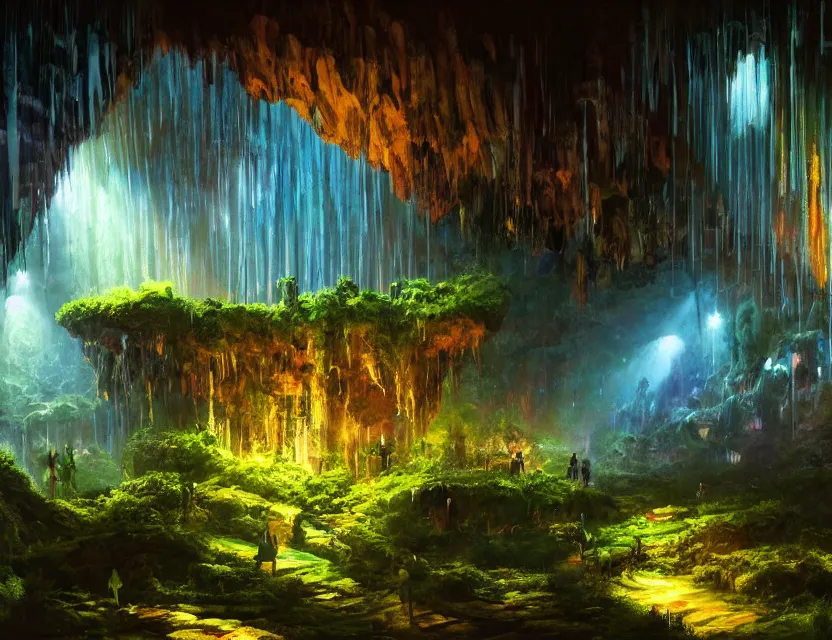 Prompt: futuristic nightclub in a dripstone cave with plants. oil painting by award - winning concept artist. backlighting, chiaroscuro, field of depth.