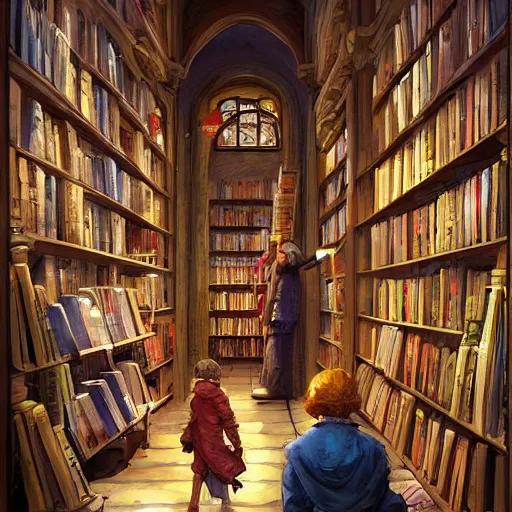 Prompt: ! dream a painting of two people in a book store, a storybook illustration by marc simonetti, cgsociety, fantasy art, storybook illustration, matte painting, matte drawing