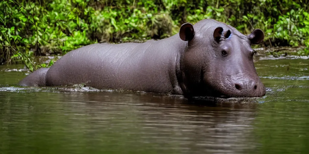 Image similar to a single hippo in a river in the jungle. the hippo has large wings. extremely high fidelity, natural lighting