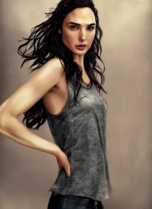 Image similar to full length photo of gal gadot in a tanktop in the style of stefan kostic, realistic, sharp focus, 8k high definition, insanely detailed, intricate, elegant, art by stanley lau and artgerm