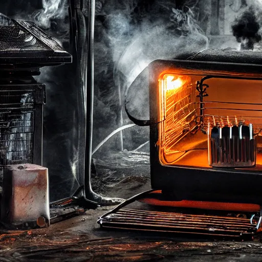 Image similar to cyborg with toaster oven chest, dark messy smoke - filled cluttered workshop, dark, dramatic lighting, orange tint, sparks, cinematic, highly detailed, sci - fi, futuristic, movie still