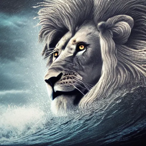 Image similar to a male lion's face breaching through a wave, stormy weather, ocean sprites, closeup of face, trending on artstation, dark lighting, face encircled by ocean wave