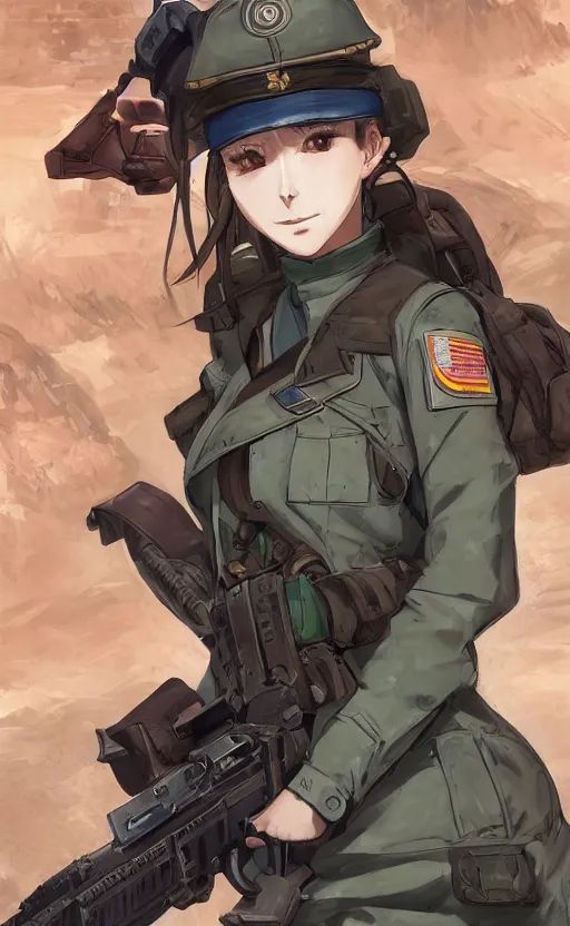 Image similar to portrait of a female soldier, highly detailed, high resolution, military camp in the background, the front of a modern trading card, illustration, character concept art, stunning, girls frontline style, by mangaka, matte, 100mm, by shibafu, by animation studio mappa, realistic human anatomy, realistic military carrier, modern warfare, realistic weapon, digitally draw on wacom tablet, low saturation, small eyes