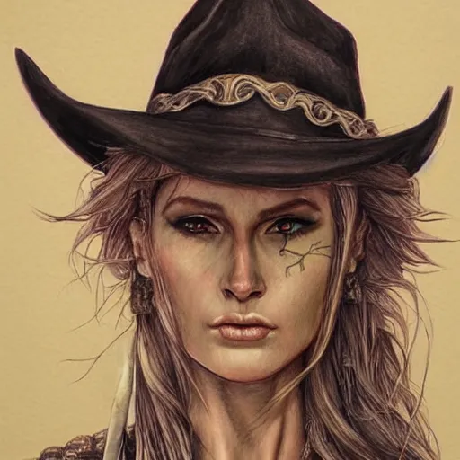 Image similar to beautiful cowboy witch, wild west, detailed, concept art, colored pencil drawing, trending on artstation