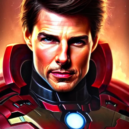 Image similar to handsome Tom Cruise in Iron Man suit, western, closeup, D&D, fantasy, intricate, elegant, highly detailed, digital painting, artstation, concept art, matte, sharp focus, illustration, art by Artgerm and Greg Rutkowski and Alphonse Mucha