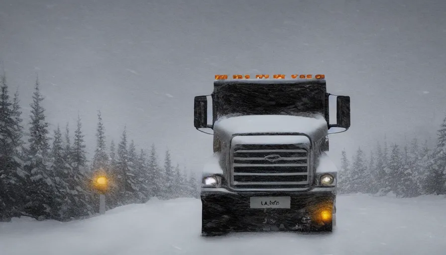 Image similar to A cozy Snowplow! stuck in the heavy snow of a beautiful snowy landscape. A blizzard and heavy snow falls. Fog and mist, highly detailed, concept art, digital art, 4k, high snow