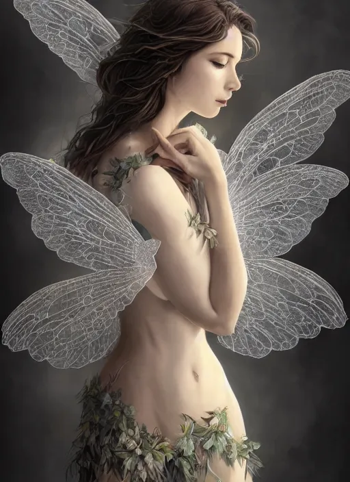 Image similar to full body portrait of a beautiful fairy women with wings of lace, by artgerm, sunny day, highly detailed, perfect lighting, perfect composition, symmetry, detailed features, 4 k, by alan lee, by derek zabrocki, by greg rutkowski