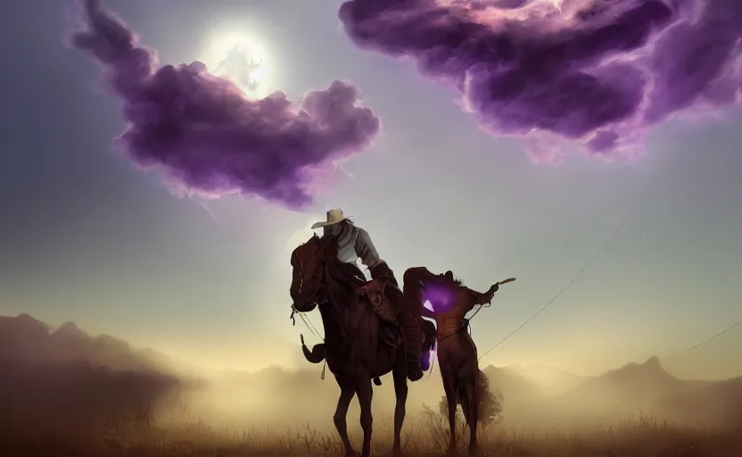 Image similar to cowboy dream, two suns, gloomy, fog, elaborate, detailed digital art, trending in artstation, purple color lighting