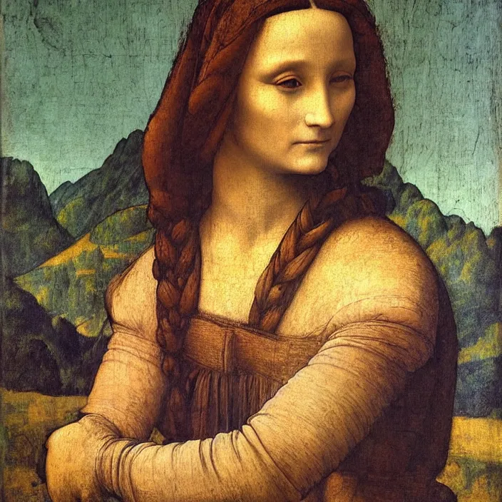 Image similar to a portrait of a woman painted by leonardo da vinci. the woman in the painting is shown seated with her hands folded in her lap. she is wearing a simple dress with a pattern of flowers. her hair is pulled back from her face and she has a small, faint smile. the background of the painting is a landscape of rolling hills and mountains.