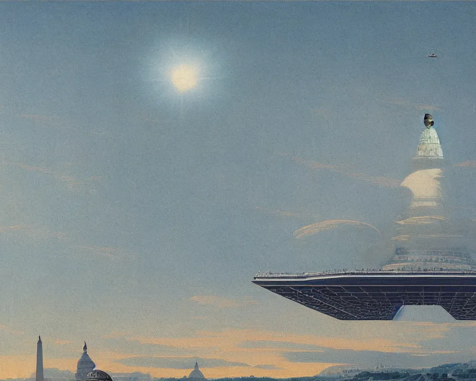 Prompt: dream! a star destroyer above the U.S. Capitol, trending on art station, by Hasui Kawase, Raphael, and Bernini.