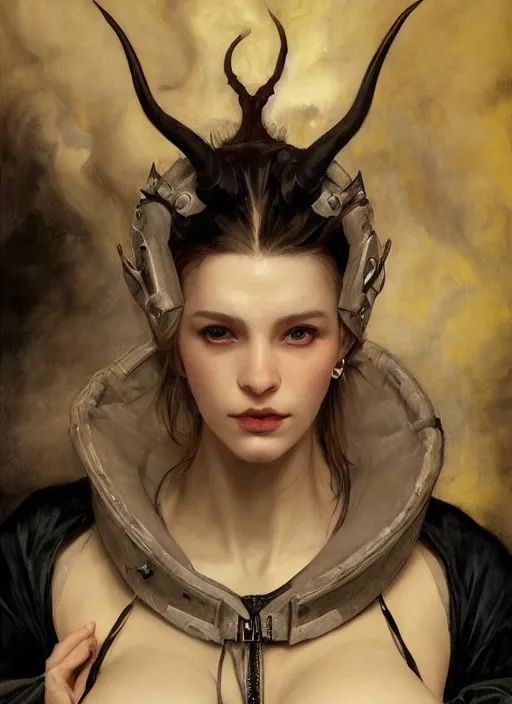 Prompt: portrait demon half human, elegant, wearing a bomber jacket, armor, hyper realistic, whitehorns, extremely detailed, dnd character art portrait, fantasy art,, dramatic lighting, vivid colors, artstation, by edgar maxence and caravaggio and michael whelan and delacroix, lois van baarle and bouguereau