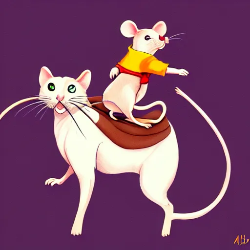 Prompt: a heroic mouse, riding on the back of a prancing cat, illustration, digital painting, trending on artstation