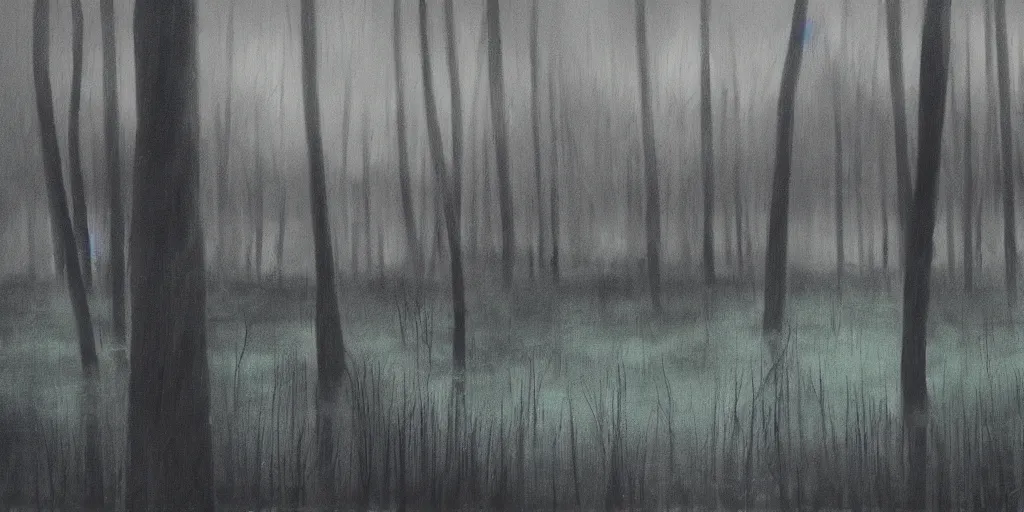 Image similar to painting of will - o'- the - wisps in a murky swamp, muted colors, mysterious, creepy