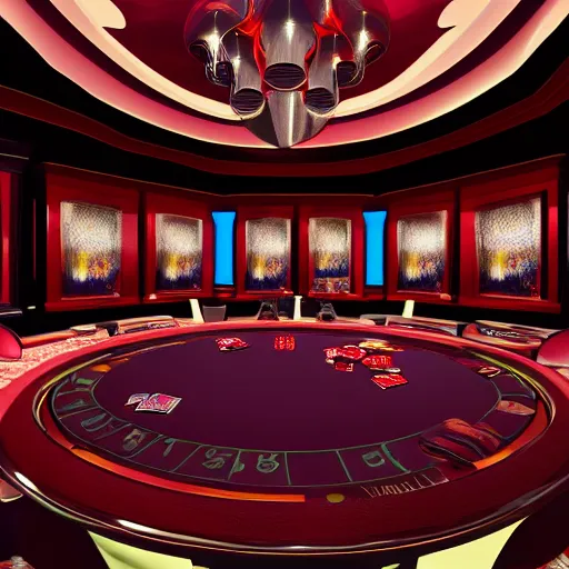 Image similar to futuristic casino, crisp, artistic, artstation, luxury, las vegas, beautiful, large, poker table