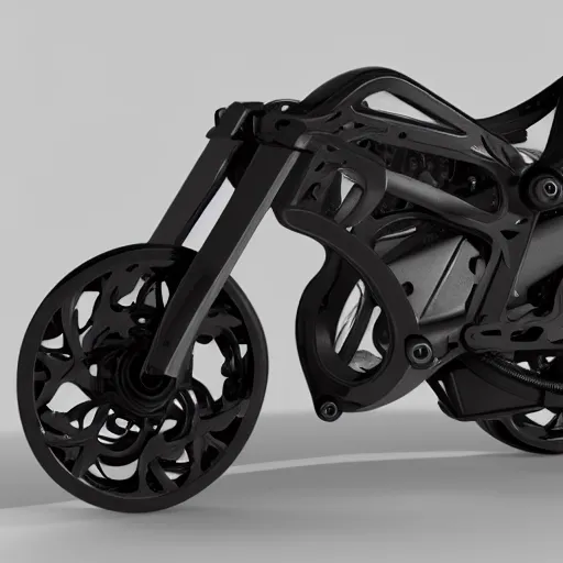 Image similar to futuristic motorbike with a generative design exoskeleton frame, dark plastic, reflective, octane render, fusion360