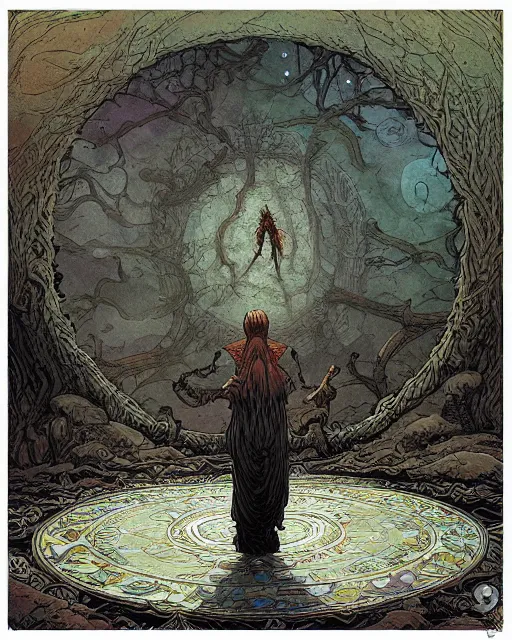 Image similar to a druid standing in a circle at the beginning of the world by dan mumford and greg rutkowski and frank frazetta and peter mohrbacher and william blake