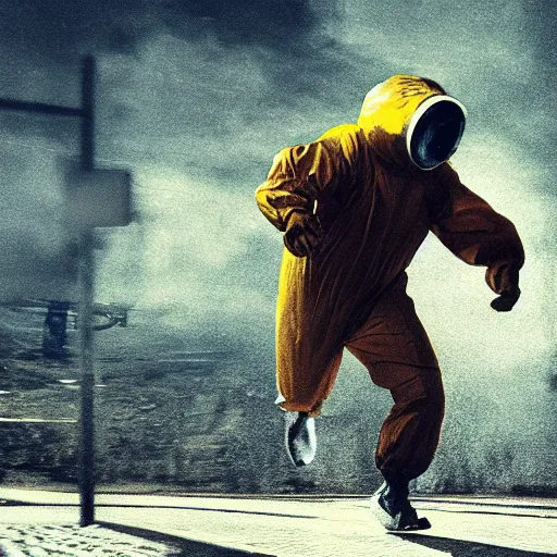 Prompt: cinematic film footage of a man in a hazmat suit being chased by a monster