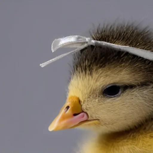 Prompt: a baby duckling wearing a bow on her head, holding a scalpel