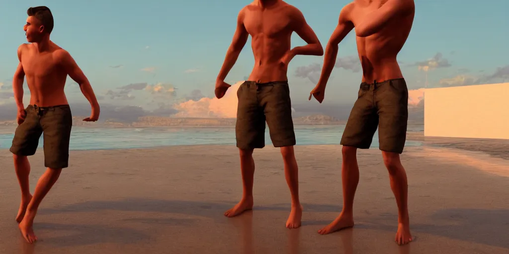 Image similar to 'dos hombres sin camisa llevando shortes bailando en la playa de San Juan, golden hour, photorealistic, extreme detail, octane render, artstation, unreal engine'