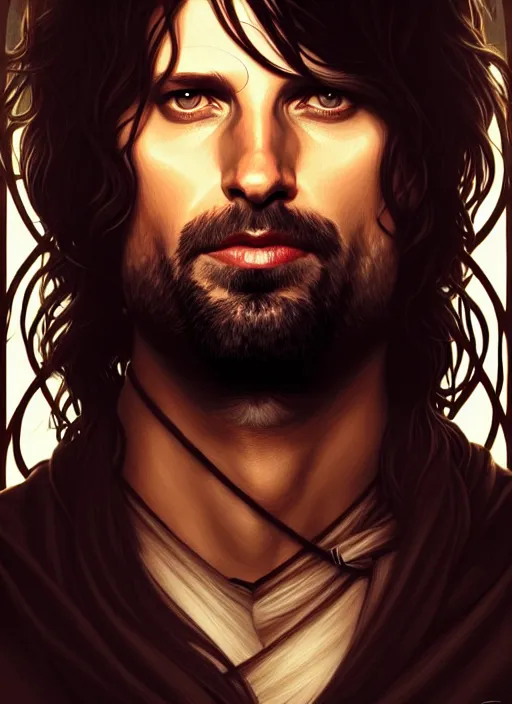 Image similar to symmetry!! portrait of aragorn, intricate, elegant, highly detailed, digital painting, artstation, concept art, smooth, sharp focus, illustration, art by artgerm and greg rutkowski and alphonse mucha