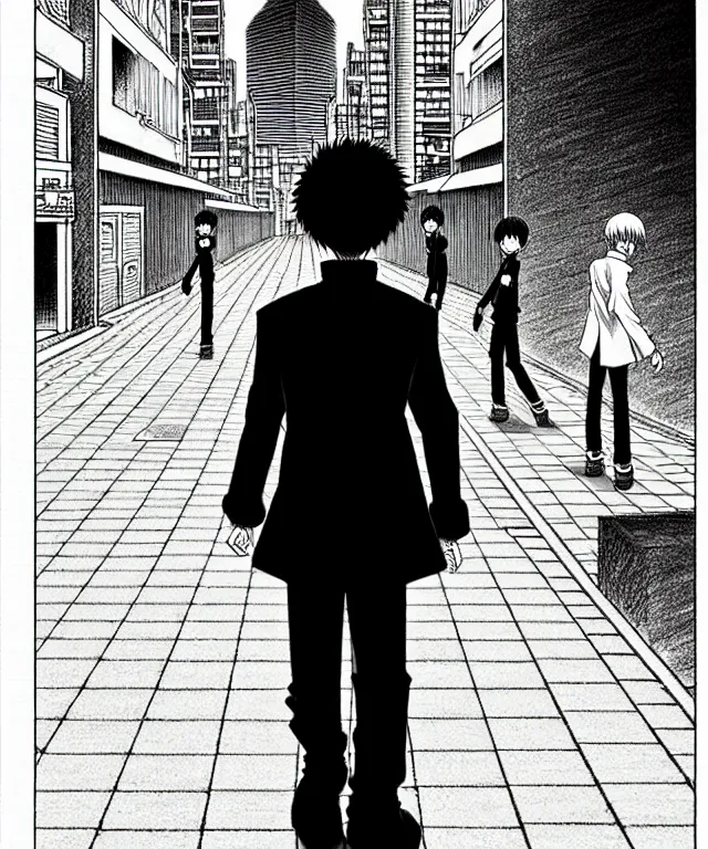 Image similar to A manga cover about a shaved-headed solo bully standing on the sidewalk. Sharp high quality manga cover, fine details, straight lines, architecture in the background, masterpiece, shading, shadows, art, highly detailed drawing by Hirohiko Araki, Akatsuki Akira, Kentaro Miura