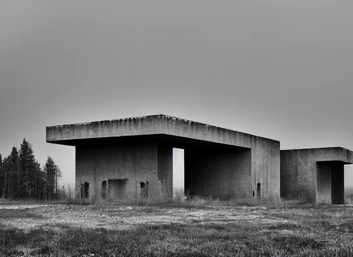 Prompt: High resolution black and white photograph with a 35mm F/22.0 lens of a Brutalist architectural building alone in the middle of a Russian wasteland in the 1980s in the middle of nowhere while foggy. Highly detailed Realistic, Refined, Highly Detailed, fine art fashion photography