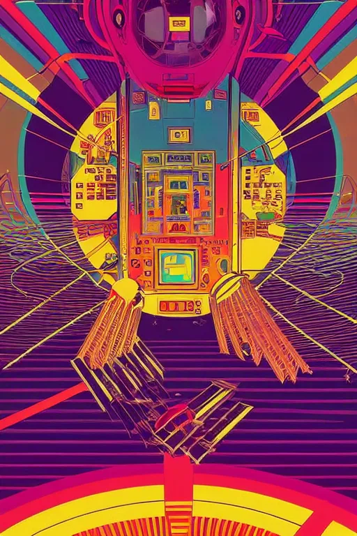 Image similar to a 8 0 s art deco poster with the interior of an international space station fuill of electronic equipment, poster art by milton glaser, kilian eng, moebius, behance contest winner, psychedelic art, concert poster, poster art, maximalist