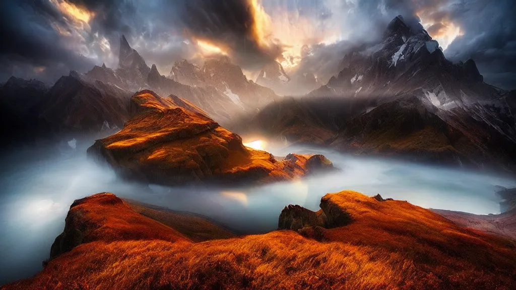 Image similar to amazing landscape photo by marc adamus, beautiful dramatic lighting