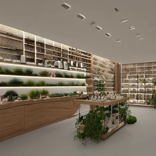 Prompt: an 8k render ceramics shop interior with wooden panels and greenery