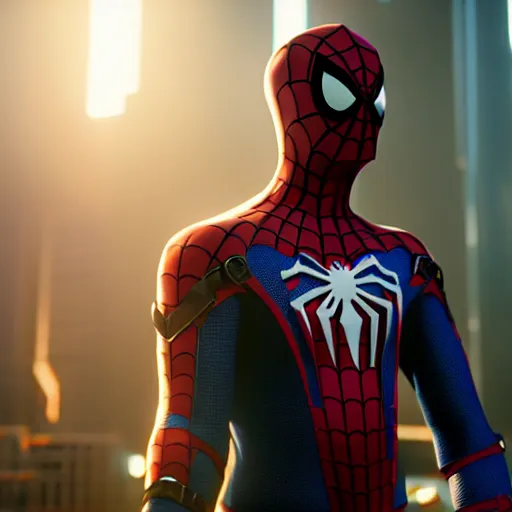 Prompt: a film portrait still of spiderman from cyberpunk 2 0 7 7 unrealengine 5. realism, cinematic lighting, highly detailed spider - man, 4 k. 8 mm. grainy. panavision.