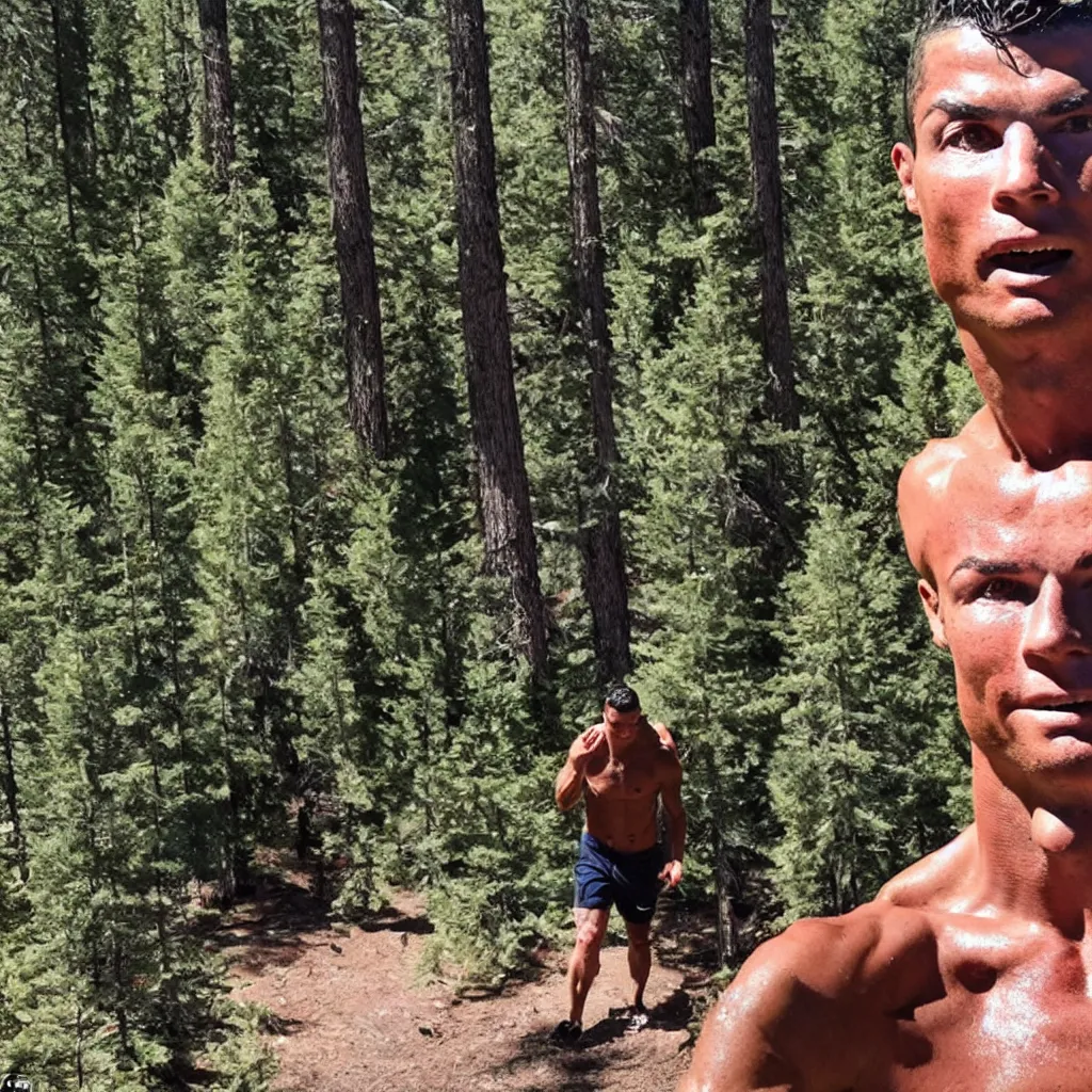 Prompt: cristiano ronaldo lost in the Tahoe forest and caught on trail cam, bare shirt, flip-flop, sweating profusely, sacred, crying