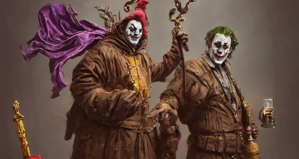 Prompt: robert de niro as medieval joker, crazy colorful clothing with a heavy golden mace in his left hand and a beer jug in his right hand, full body portrait with high detailled face, symmetrical face, intricate details, wandering through a forbidden forest, trending on artstation, 8 k hyperrealistic, style of peter mohrbacher, octane render, unreal engine