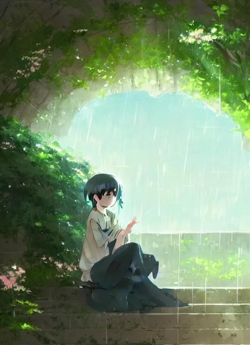 Image similar to in a rainy girl sitting on a stair where there is an arched self above, many green plant and flower gowing on it, illustration concept art anime key visual trending pixiv fanbox by wlop and greg rutkowski and makoto shinkai and studio ghibli