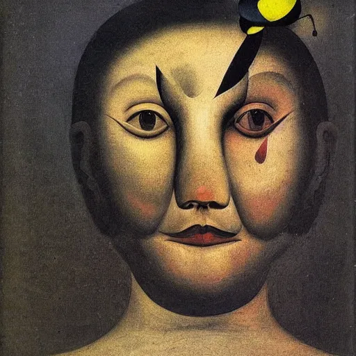 Prompt: A beautiful experimental art of a human face with a bird's beak protruding from the forehead. by Joan Miró, by Salomon van Ruysdael shadowy