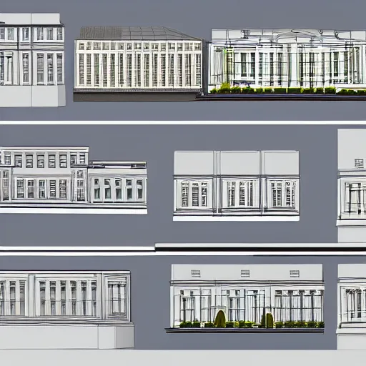 Prompt: a detailed architecture presentation board with sections, elevations and 3d models of a building