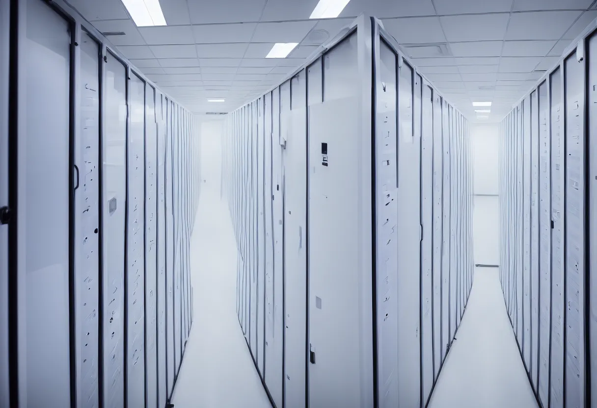 Prompt: photo of modern server data room, bright, white