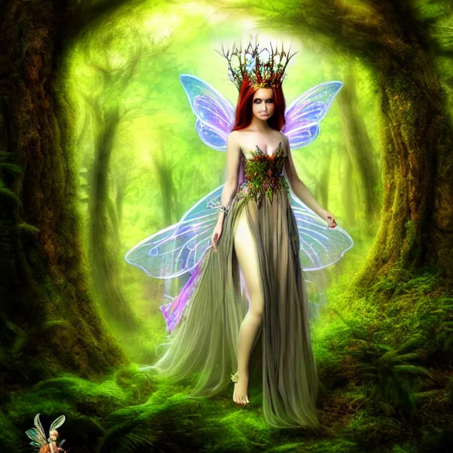 Image similar to beautiful fairy queen in an ethereal forest, highly detailed, 8 k, hdr, anne stokes, photorealistic